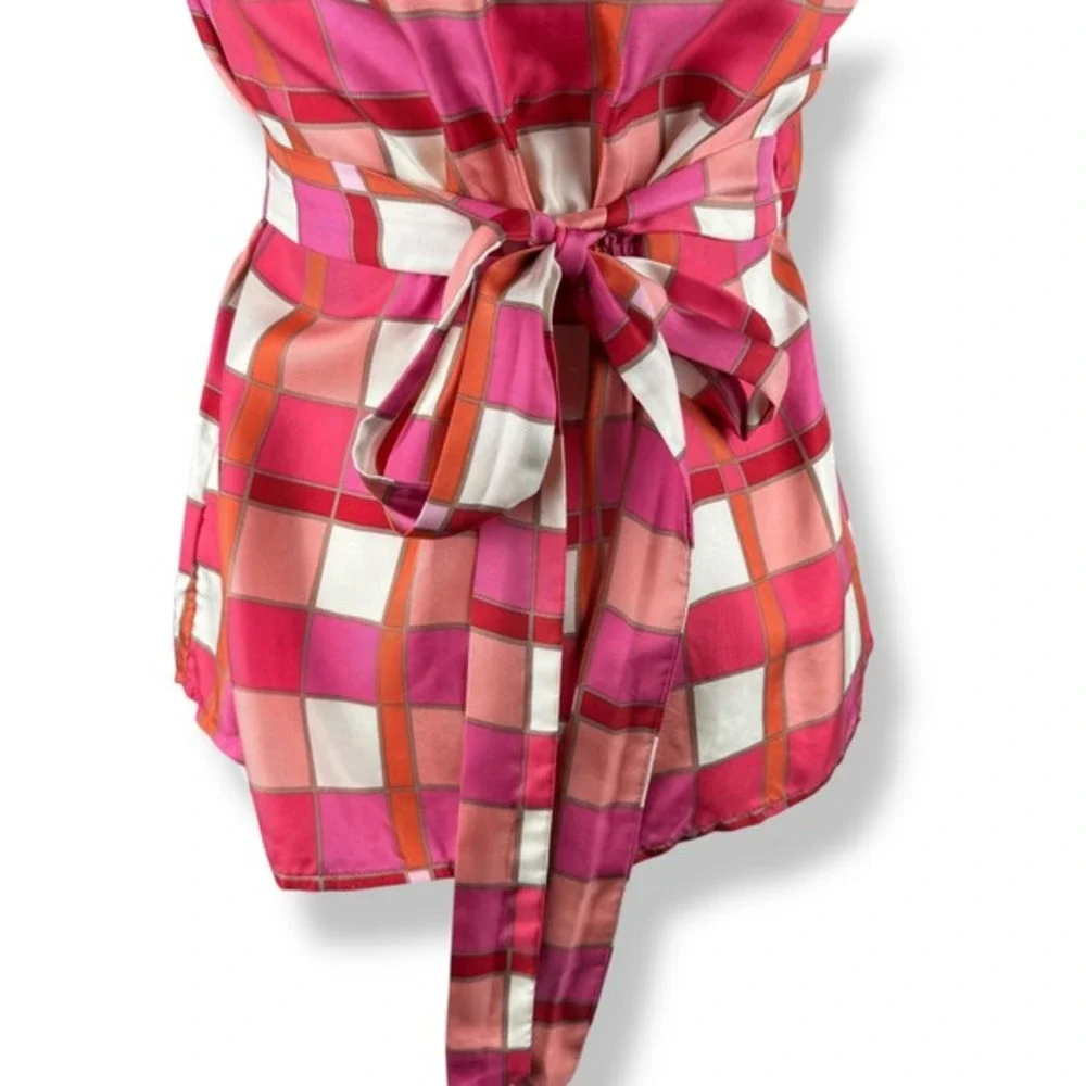 Banana Republic 100% Silk Wrap Top‎ Womens Size XS Y2K Retro Geometric Plaid